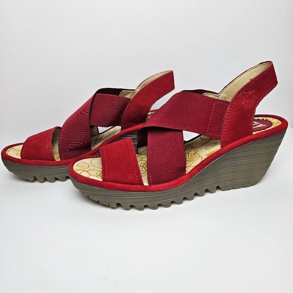 Fly London Yaji888fly Copido Red Wedge Slingback Open Toe Heels, 36, - Picture 2 of 9